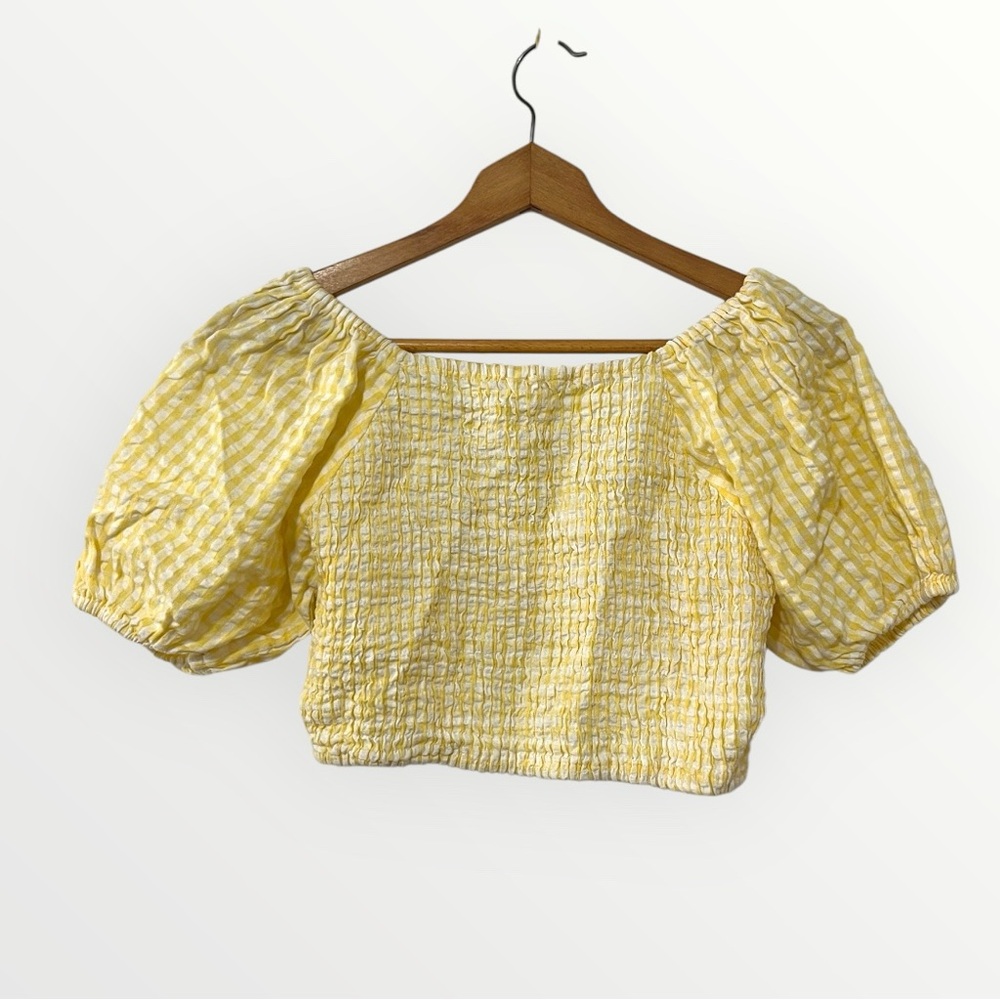 Sim & Sam Gingham Puff Sleeve Smocked Top Large Cropped picnic - Picture 3 of 6